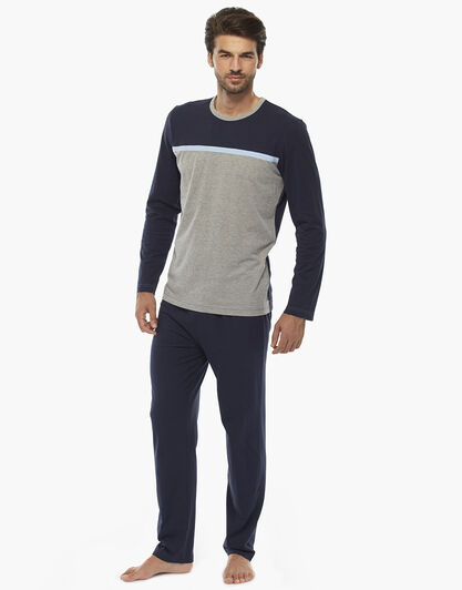 Pigiama manica e gamba lunga, grigio melange e blu, in jersey , , LOVABLE
