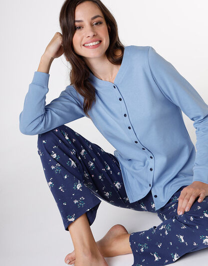 Pigiama lungo aperto in interlock di cotone, azzurro con stampa, , LOVABLE