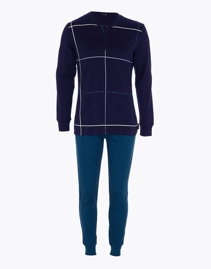 Pigiama lungo in interlock di cotone, blu navy con stampa a quadri, , LOVABLE