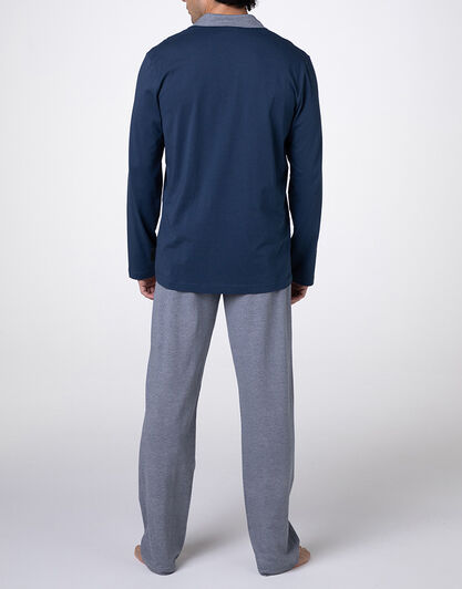 Pigiama Lungo Aperto in Jersey, blu navy,  Pigiama Lungo Aperto in Jersey, blu navy, , LOVABLE