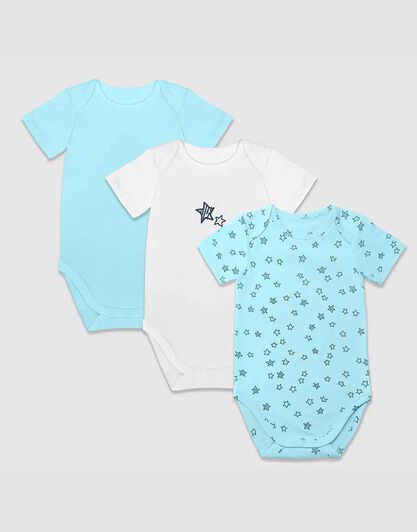 Body neonato a manica corta in cotone biologico pacco da 3, fantasia con stelle, bianco e azzurro, , LOVABLE