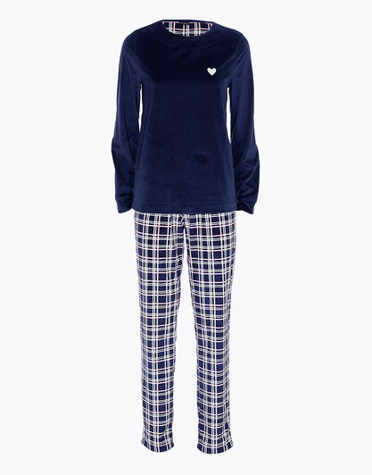 Pigiama lungo, blu con stampa a quadri, , LOVABLE