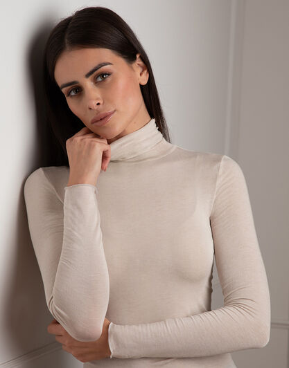 Maglia a collo alto e manica lunga in modal e cashmere, sabbia, , LOVABLE
