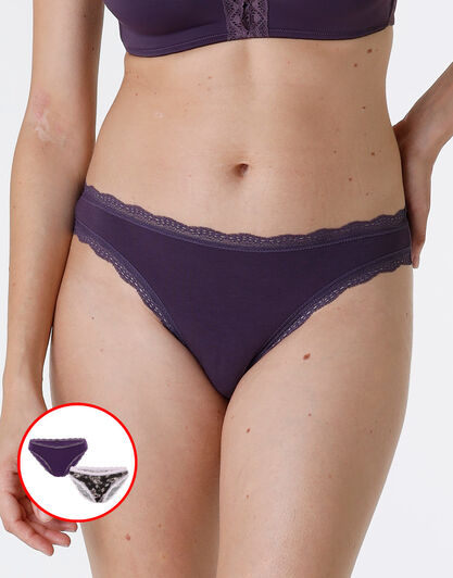 Bipack Slip Lovable Panties in cotone e pizzo elasticizzati, tornado e fiori fondo caffè, , LOVABLE