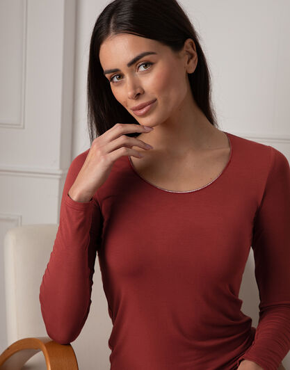 Maglia Manica Lunga Scollo Ampio Micromodal, rosso marrone, , LOVABLE