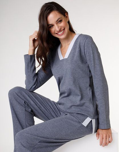 Pigiama in interlock garzato internamente, blu melange, , LOVABLE