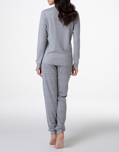 Pigiama Lungo Serafino in Interlock, grigio melange,  Pigiama Lungo Serafino in Interlock, grigio melange, , LOVABLE