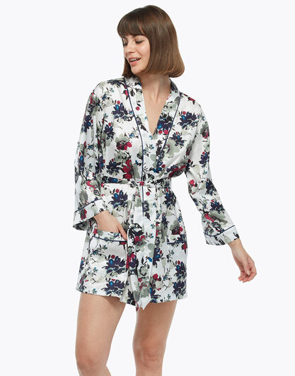 Vestaglia kimono, fiore, in satin con manica a tre quarti e cintura, , LOVABLE
