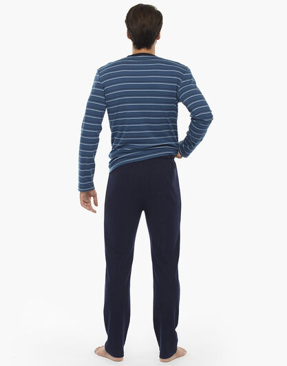 Pigiama manica lunga e gamba lunga, righe blu notte, in interlock di cotone, , LOVABLE