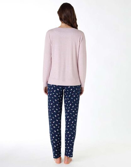 Pigiama lungo donna in cotone interlock, rosa e blu, , LOVABLE