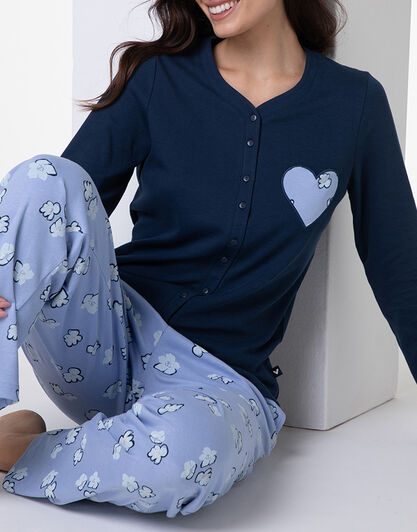 Pigiama Lungo Aperto in Interlock, blu notte, , LOVABLE