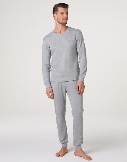 Pigiama Lungo Girocollo Interlock, grigio melange, , LOVABLE