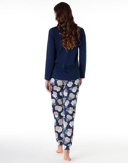 Pigiama lungo donna in 100% cotone interlock, blu con stampa fiori, , LOVABLE