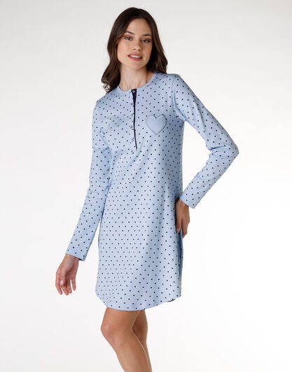 Camicia da notte manica lunga in 100% cotone, azzurro, , LOVABLE