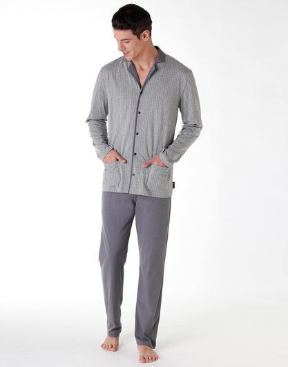 Pigiama uomo lungo in cotone jersey, grigio melange scuro, , LOVABLE
