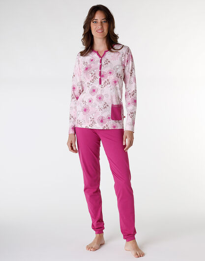 Pigiama lungo in jersey di cotone, rosa con stampa floreale, , LOVABLE