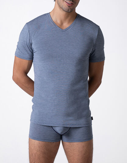 T-Shirt Scollo a V Micromodal Fil a Fil, azzurro jacquard, , LOVABLE