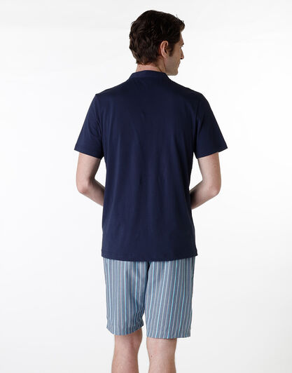 Pigiama corto serafino in jersey e tela, blu navy, , LOVABLE