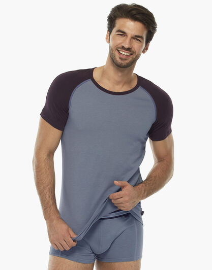 T-shirt grigio chiaro, in cotone elasticizzato, con girocollo in contrasto colore  , , LOVABLE