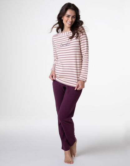 Pigiama Lungo in Interlock, righe avorio, rosa e vinaccia, , LOVABLE