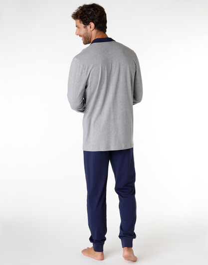 Pigiama lungo uomo in jersey di cotone, grigio melange e blu, , LOVABLE