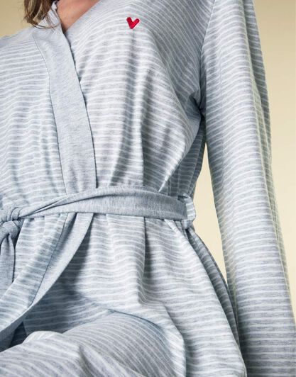 Vestaglia donna manica lunga in cotone modal, righe grigie e bianche, , LOVABLE