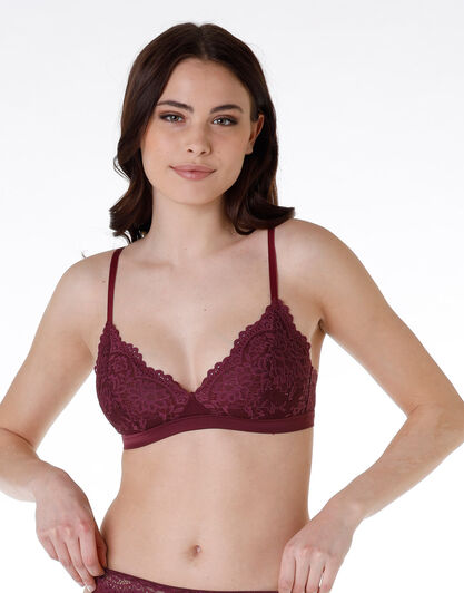 Reggiseno soft a triangolo in pizzo elastico e microfibra, bordeaux, , LOVABLE