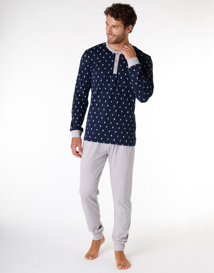 Pigiama lungo uomo in 100% cotone, blu navy stampato, , LOVABLE