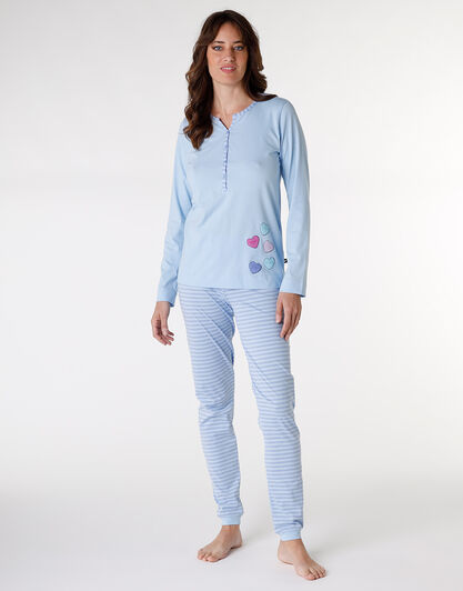 Pigiama lungo in jersey di cotone, azzurro, , LOVABLE