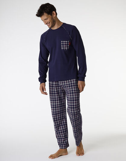 Pigiama in interlock di cotone, blu navy e stampa check, , LOVABLE