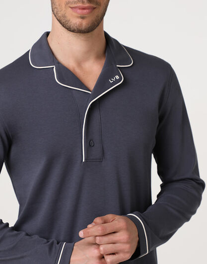 Pigiama Lungo Collo Serafino in Interlock, ebano,  Pigiama Lungo Collo Serafino in Interlock, ebano, , LOVABLE