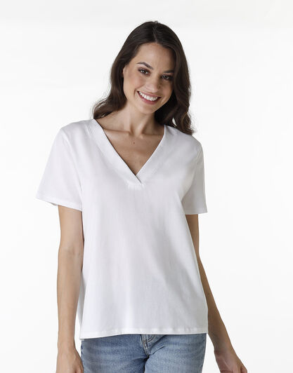 Maglia manica corta con scollo a V Basic Soul in cotone, bianco, , LOVABLE