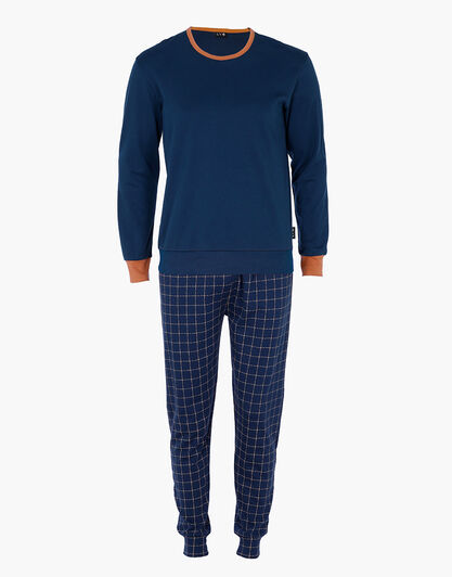 Pigiama Lungo Girocollo Interlock, blu navy, , LOVABLE