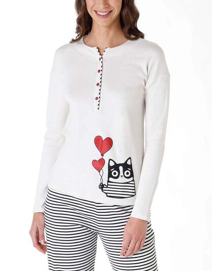 Pigiama donna lungo in 100% jersey di cotone, avorio, , LOVABLE