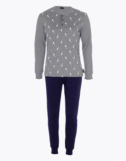 Pigiama lungo in cotone, grigio melange scuro stampa bowling, , LOVABLE