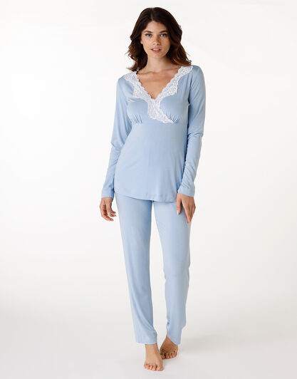 Pigiama lungo scollo a V in modal, azzurro, , LOVABLE