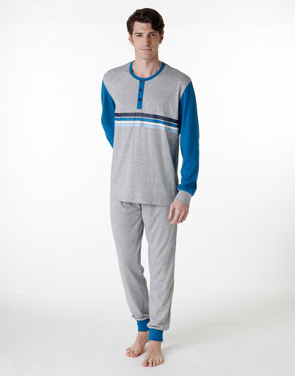 Pigiama lungo serafino in jersey di cotone, grigio melange, , LOVABLE