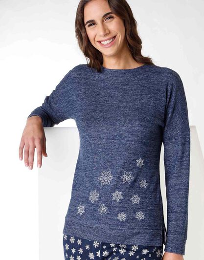 Pigiama lungo donna in cotone interlock, blu con stampa di stelle, , LOVABLE