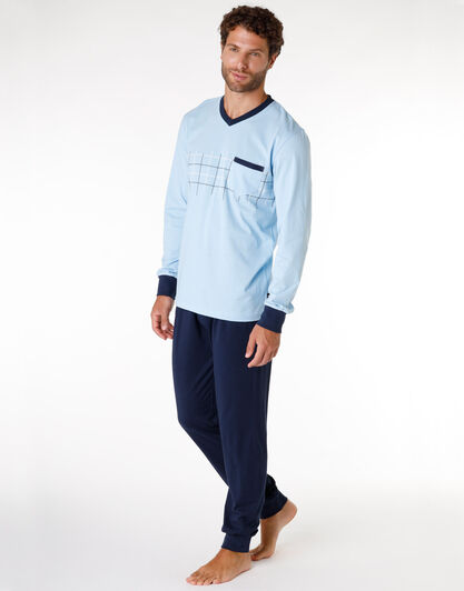 Pigiama lungo uomo in 100% cotone, azzurro polvere, , LOVABLE