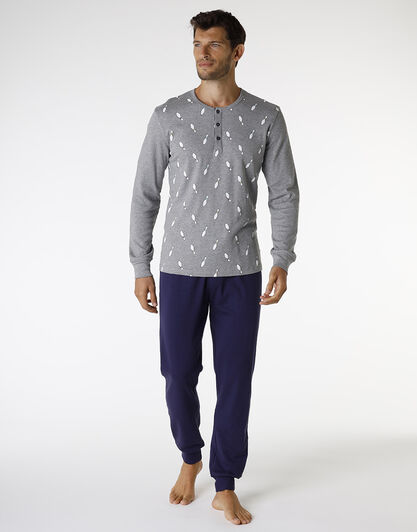 Pigiama lungo in cotone, grigio melange scuro stampa bowling, , LOVABLE