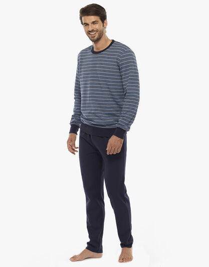 Homewear manica e gamba lunga, righe blu polvere, in felpa piquet, , LOVABLE