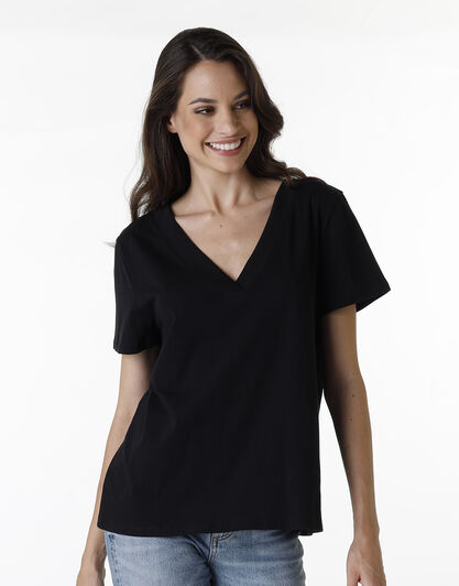 Maglia manica corta con scollo a V Basic Soul in cotone, nero, , LOVABLE