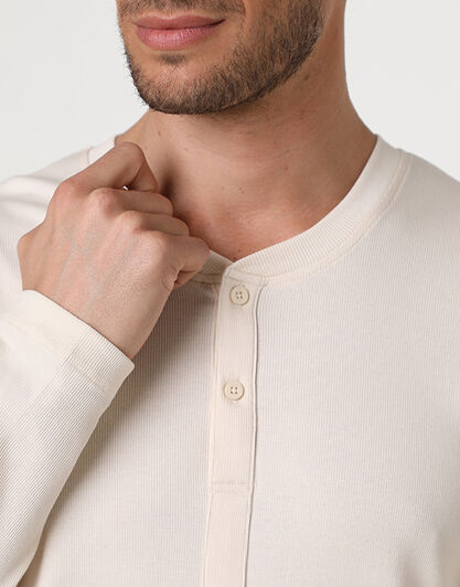 Pigiama Lungo Collo Serafino in Jersey Rib e Interlock, avorio,  Pigiama Lungo Collo Serafino in Jersey Rib e Interlock, avorio, , LOVABLE