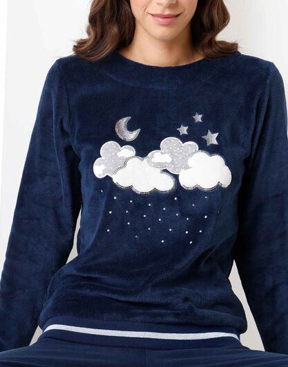 Pigiama lungo donna in pile, blu con stampa, , LOVABLE