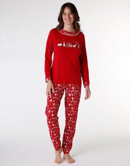 Pigiama in interlock di cotone, rosso con stampa natalizia, , LOVABLE