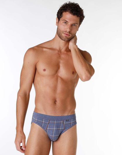 Slip uomo in cotone elasticizzato, blu melange con stampa check, , LOVABLE