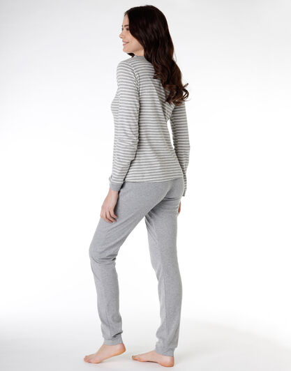 Pigiama donna lungo in cotone, grigio melange a righe, , LOVABLE