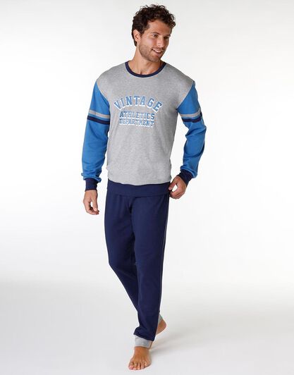 Pigiama uomo lungo in cotone interlock, blu brillante e grigio, , LOVABLE