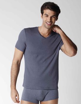 T-shirt uomo manica corta in cotone modal con scollo a V, azzurro, , LOVABLE