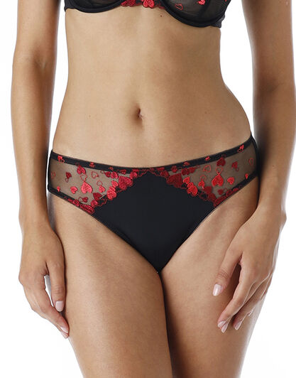 Slip Romantic Hearts in microfibra e tulle ricamato, nero con cuori rossi e bordeaux, , LOVABLE
